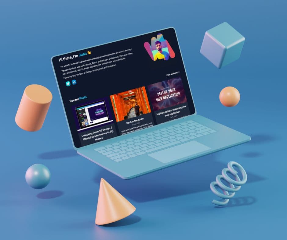 A screenshot of my new blog in a floating laptop