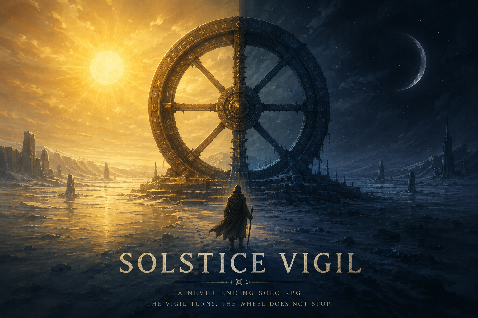 Key art for Solstice Vigil — a wanderer between a frozen gold day and deep blue night