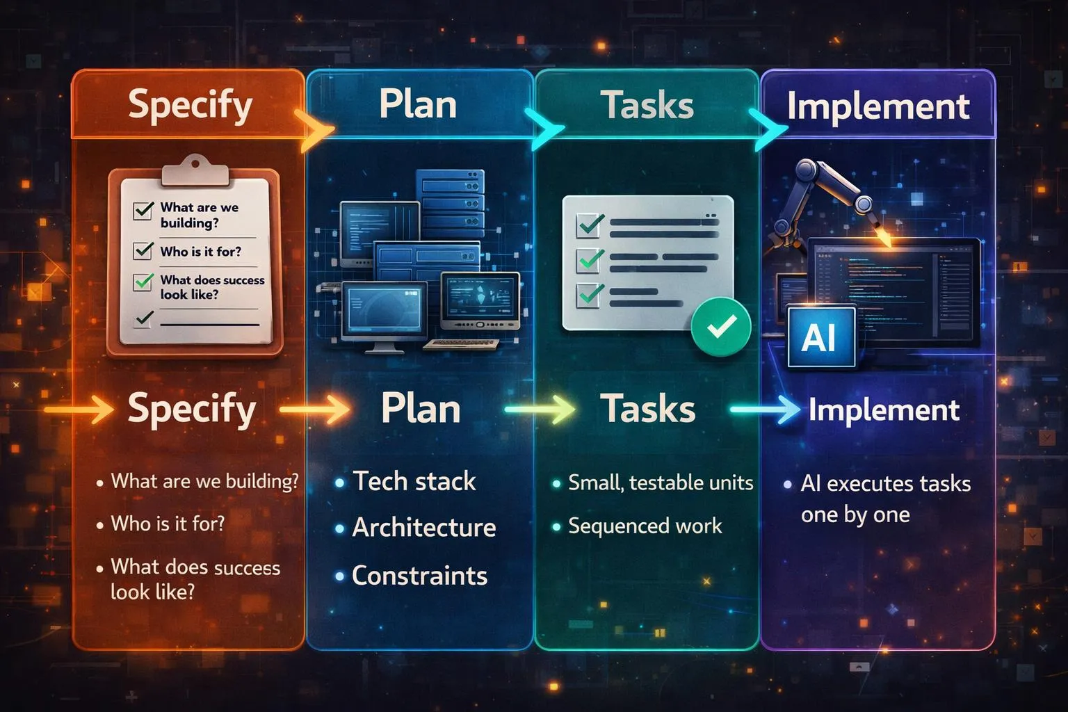 Specify, plan, split into tasks and implement