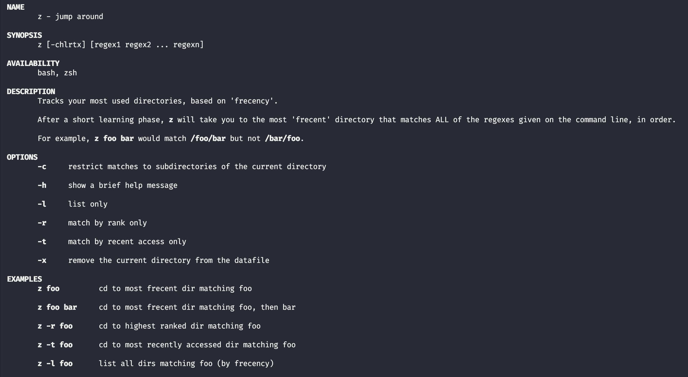 An image showing the output of the command man z