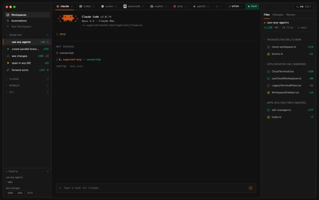 Superset desktop UI showing parallel CLI agents, worktrees, diffs, and MCP connection